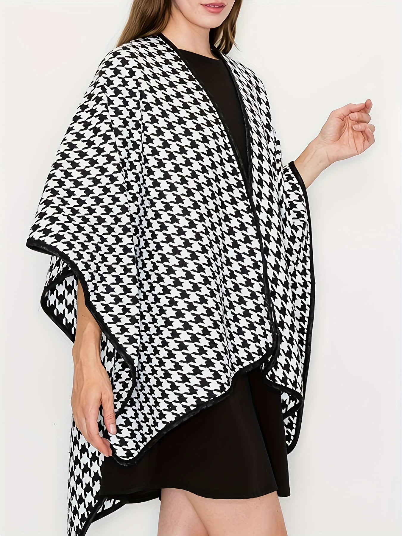Houndstooth Print Batwing Sleeve Open Front Cape Coat