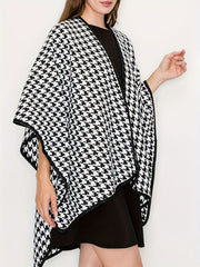 Houndstooth Print Batwing Sleeve Open Front Cape Coat