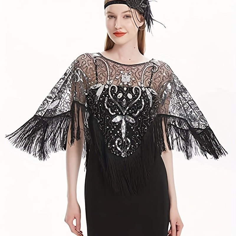 Vintage Tassel Sequins Embroidery Shawl Flapper Wrap Cardigan Cloak