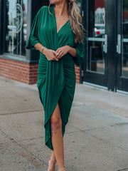 Plus Size Solid Half Sleeve Draped Front Occasion Dress