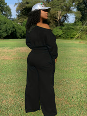 Slanted Shoulder Long Sleeve Tops & Drawstring Pants Set