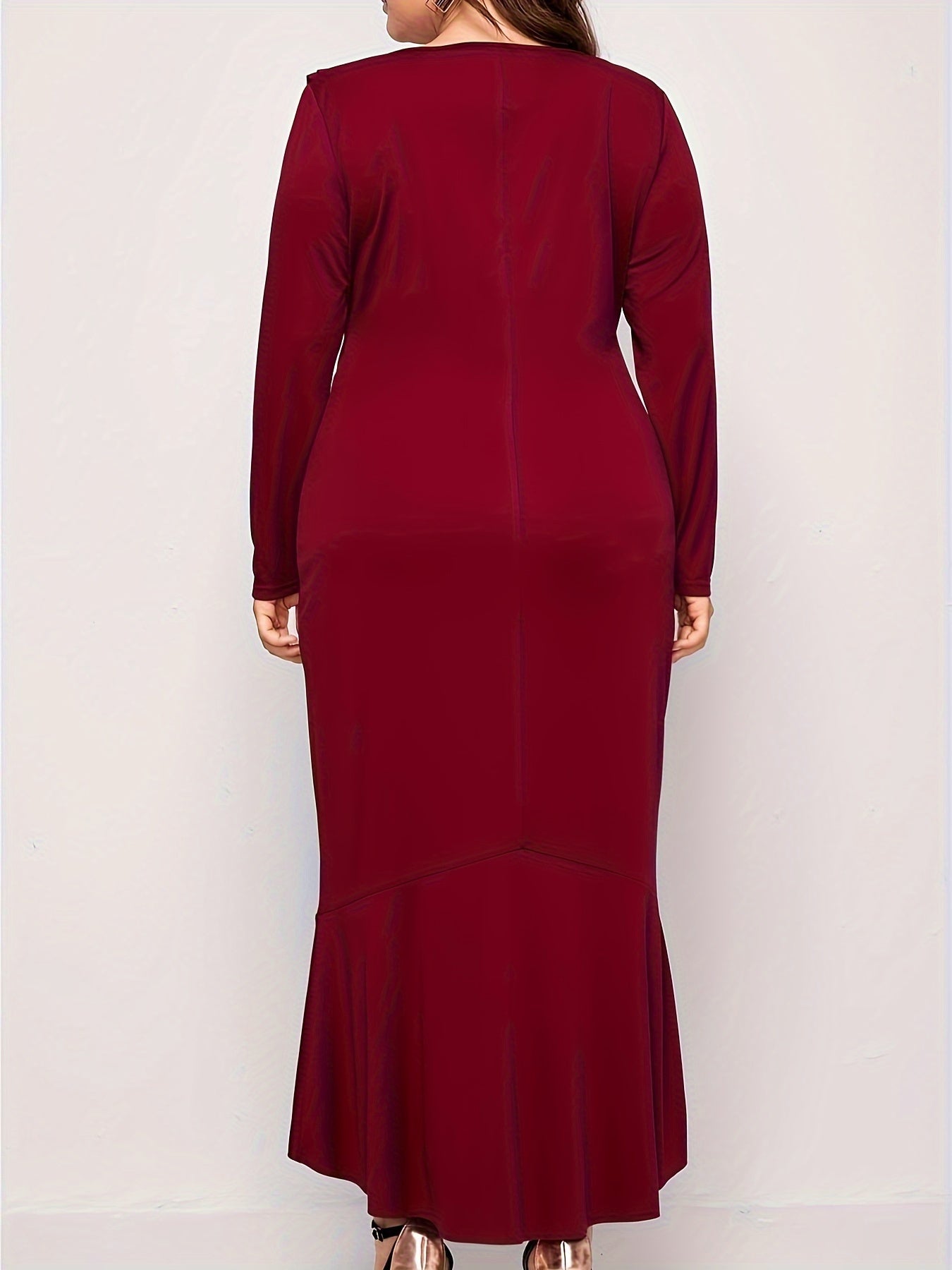 Solid Ruffle Trim V Neck Stretch Dress