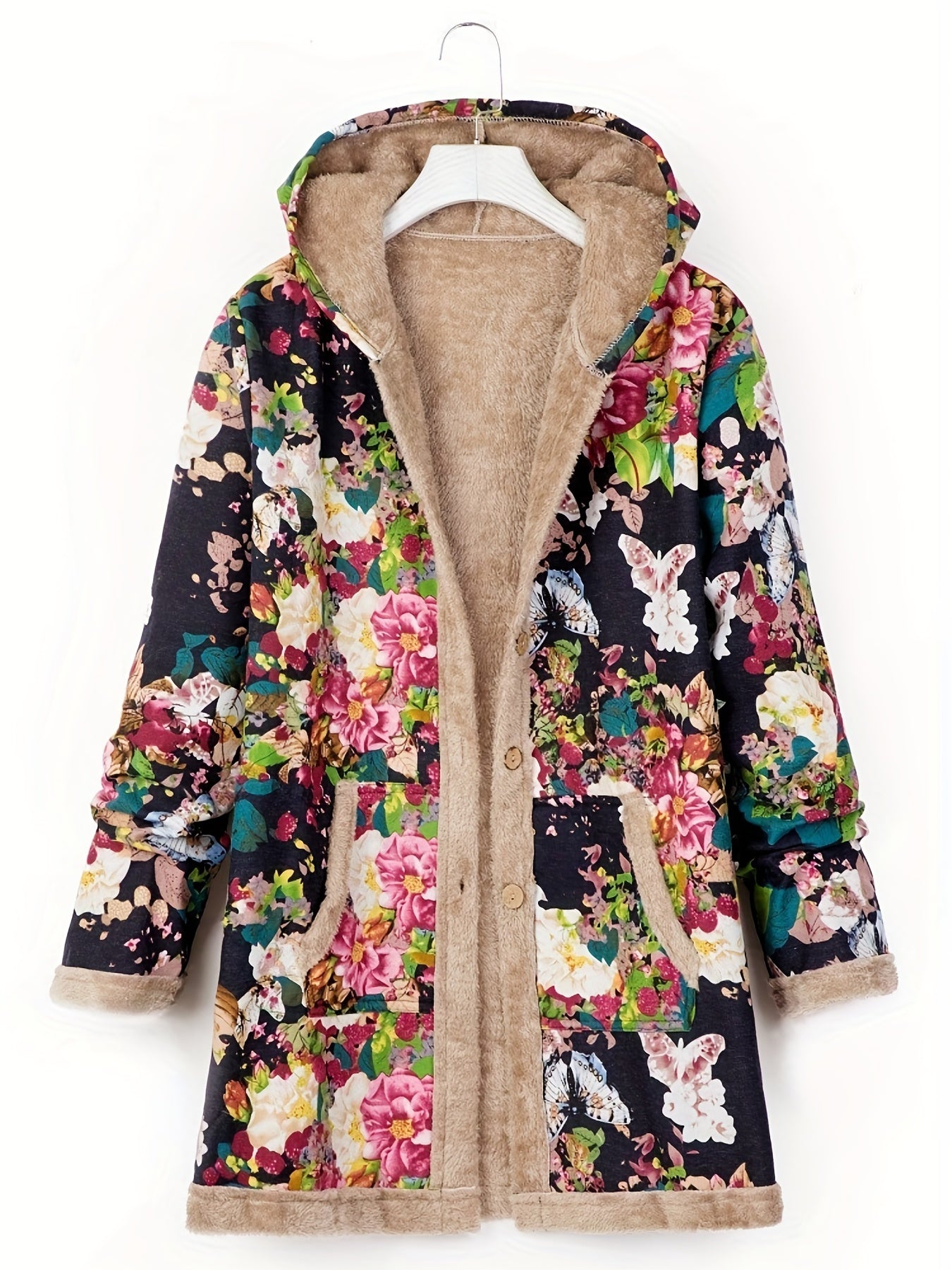 Floral Print Hooded Coat Winter Long Sleeve Random Print Coat