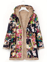 Floral Print Hooded Coat Winter Long Sleeve Random Print Coat