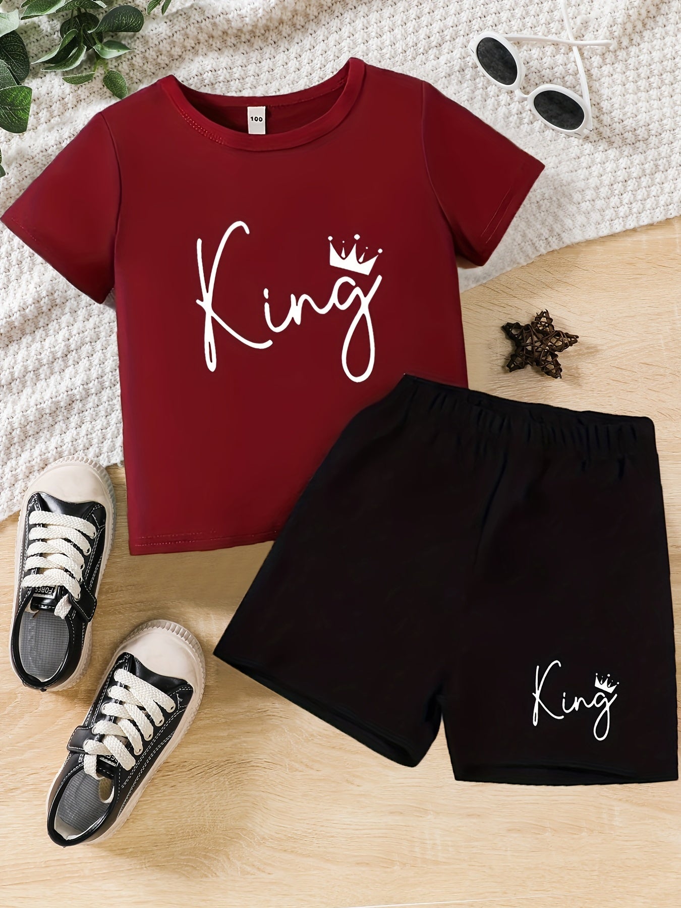 Boys King Crown Print Casual Outfit Round Neck T shirt & Shorts