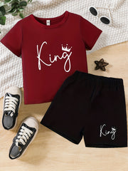 Boys King Crown Print Casual Outfit Round Neck T shirt & Shorts