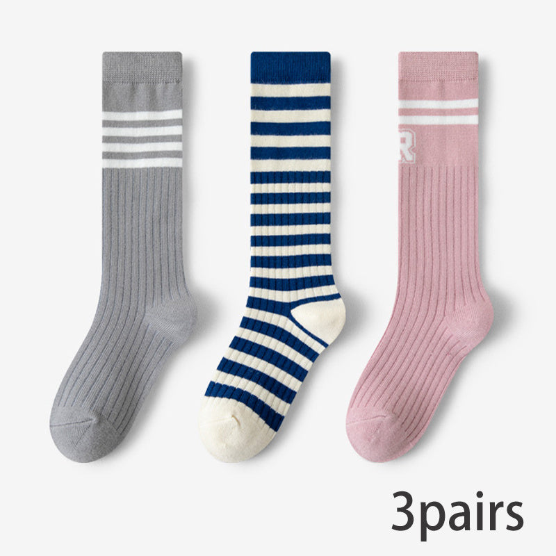 5 Pairs Girls Kids Knee High Calf Socks, Letters Print Striped, Spring Autumn