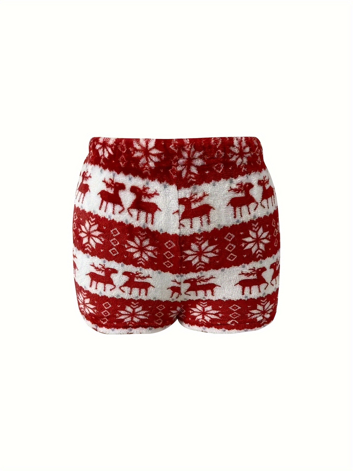 Christmas Elk Print Plush Lounge Set Tie Front Top & Shorts