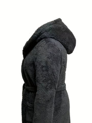 Womens Plus Size Hooded Flannel Bathrobe Warm Robe With Pockets
