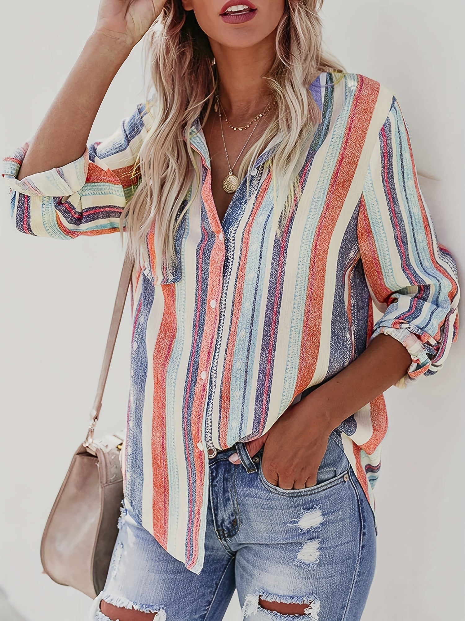 Casual Blouse Women's Plus Stripe Print Button Up Shirt