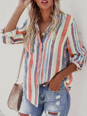 Casual Blouse Women's Plus Stripe Print Button Up Shirt