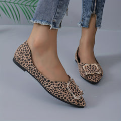 Leopard Print Flats Buckle Pointed Toe Slip On Ballet Flats