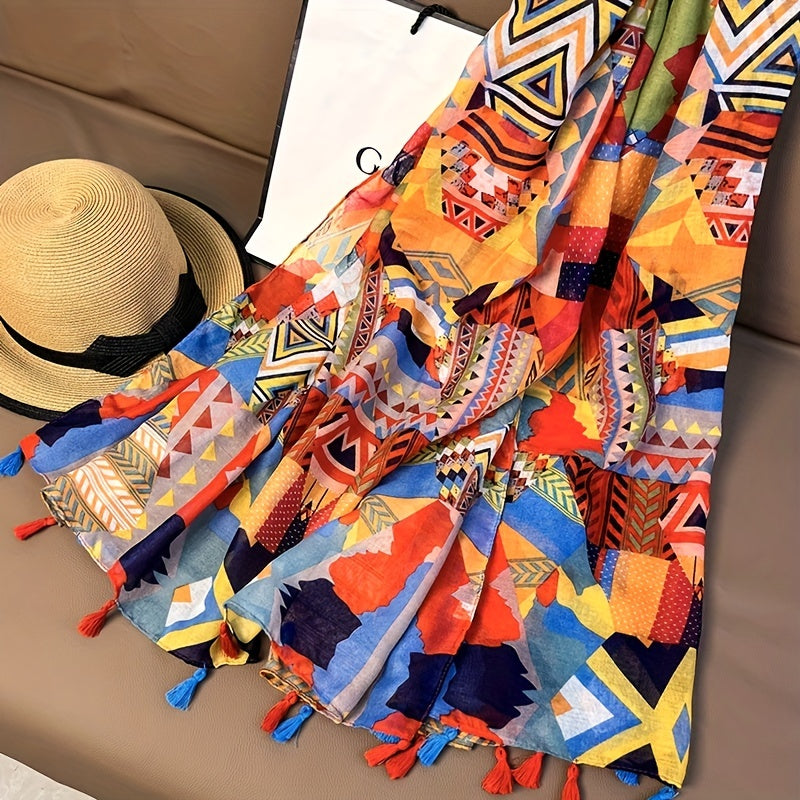 Red Boho Geometric Print Scarf Tassel Shawl Windproof Head Wrap