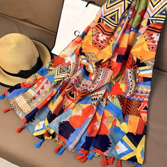 Red Boho Geometric Print Scarf Tassel Shawl Windproof Head Wrap