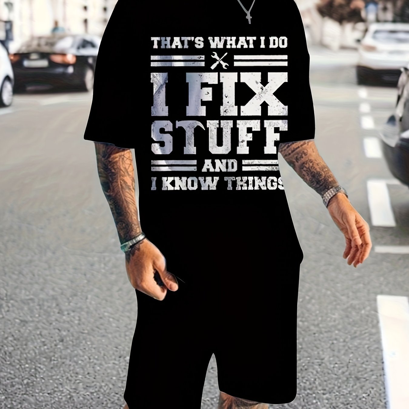 Men's Fix Stuff Print T shirt Active Shorts Set For Fitness