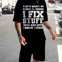Men's Fix Stuff Print T shirt Active Shorts Set For Fitness