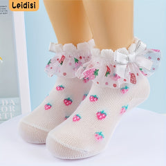 3 Pairs Baby Girl Lace Socks Strawberry Pattern Bowknot Socks