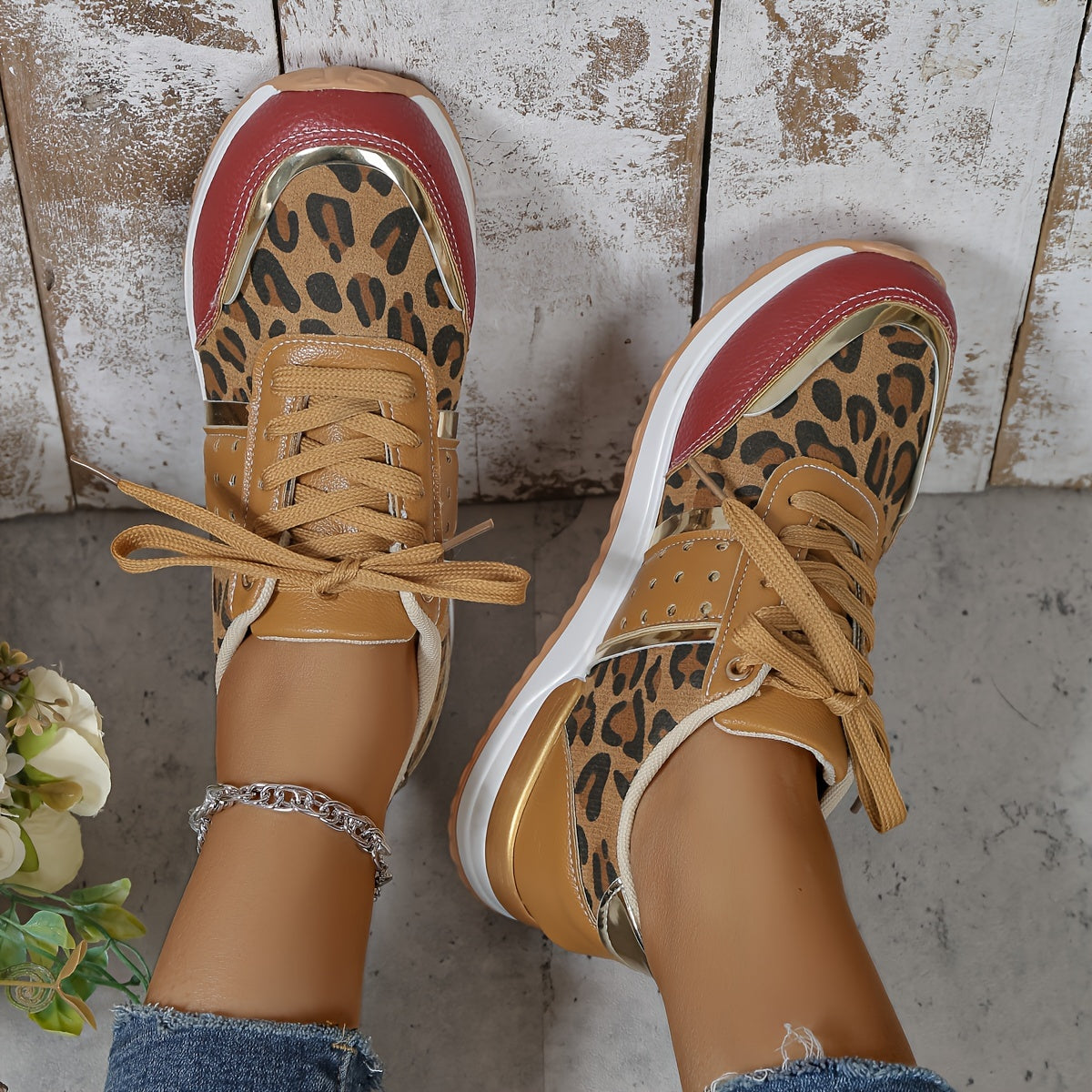 Leopard Print Faux Leather Running Shoes Casual Sneakers