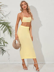 Sexy Two-piece Set Crop Tie Halter Top & Hip Pencil Skirt