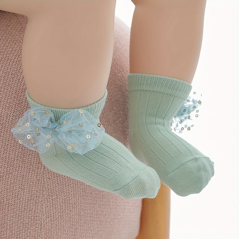 Baby Girls Sequin Bow Lace Trim Ankle Socks for Newborns