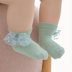 Baby Girls Sequin Bow Lace Trim Ankle Socks for Newborns
