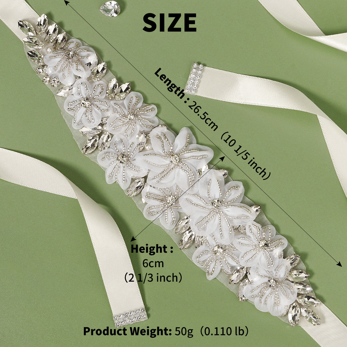 Crystal Rhinestone Bridal Belt with Organza Ribbon