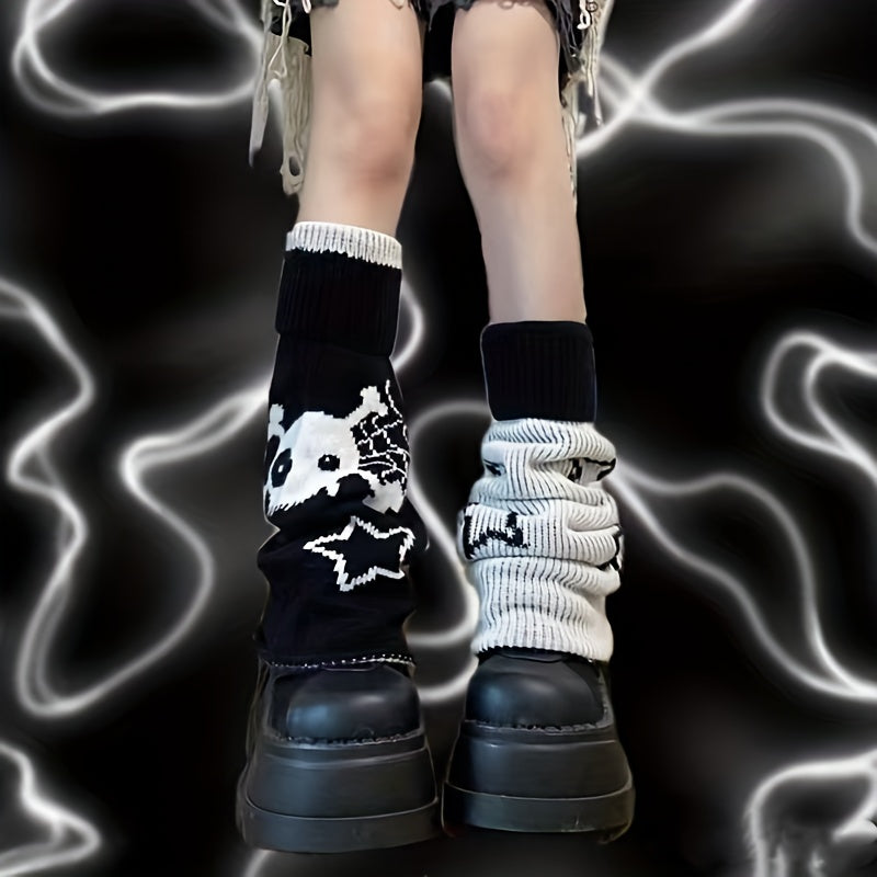 Heart & Skull Pattern Knit Leg Warmers Colorblock Knee High Socks