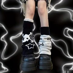 Heart & Skull Pattern Knit Leg Warmers Colorblock Knee High Socks