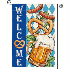 Welcome Oktoberfest Beer Garden Flag with Pretzels & Sausage Design