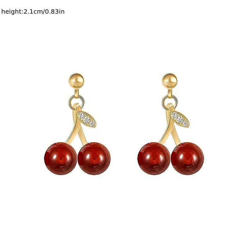 Cherry Pendant Zircon Stud Earrings for Girls