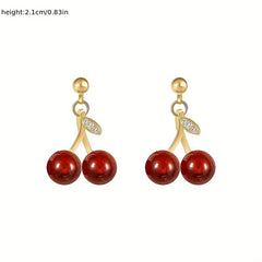 Cherry Pendant Zircon Stud Earrings for Girls