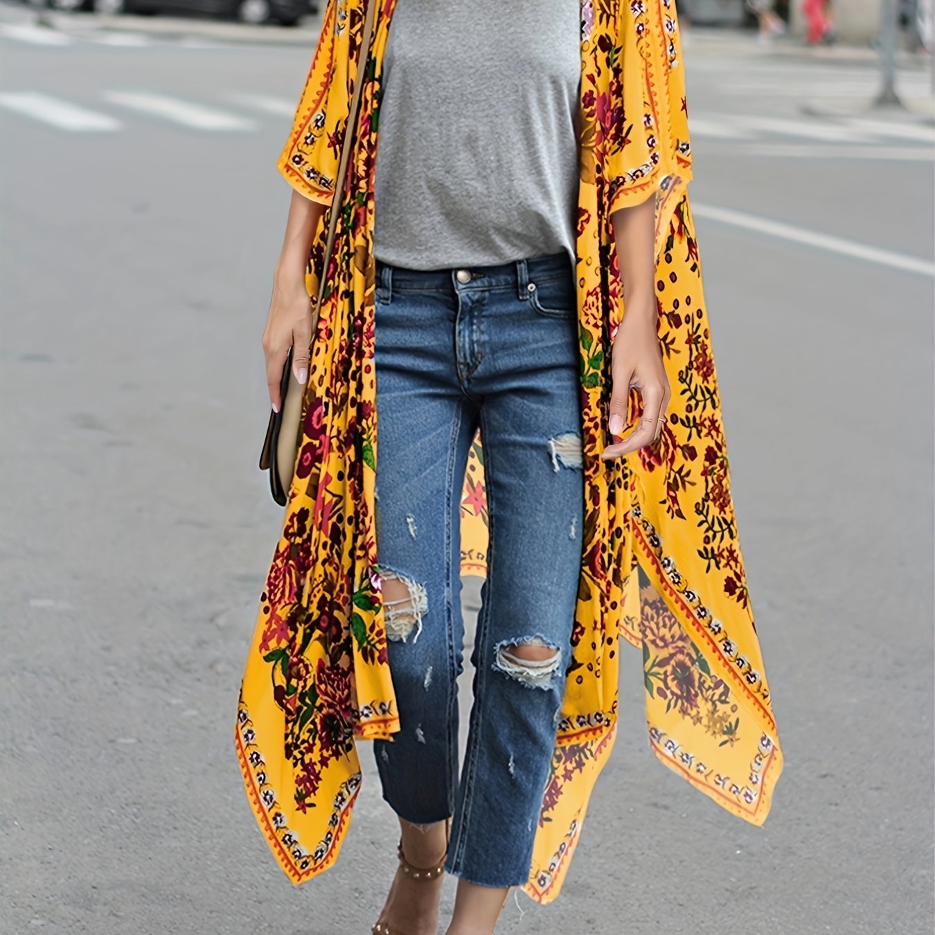 Floral Print Cover Up Shirt V Neck Semi Sheer Split Loose Fit Beachwear Kimono