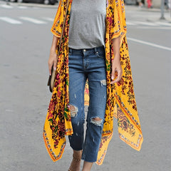 Floral Print Cover Up Shirt V Neck Semi Sheer Split Loose Fit Beachwear Kimono