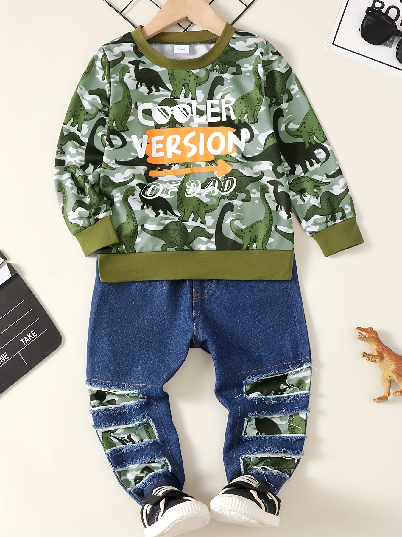 Boys Daddy's BUDDY Print Camouflage Long Sleeve Sweatshirt & Ripped Jeans Set