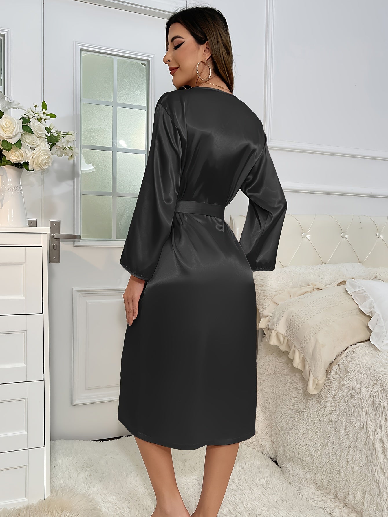 Satin Night Robe Long Sleeve V Neck Women's Sleepwear