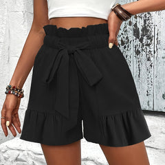 Ruffle Trim Pleated Belted Shorts Casual Women's Clothing