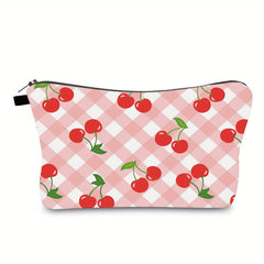 Plaid & Cherry Print Cosmetic Bag For Women Waterproof Purse Makeup Bag