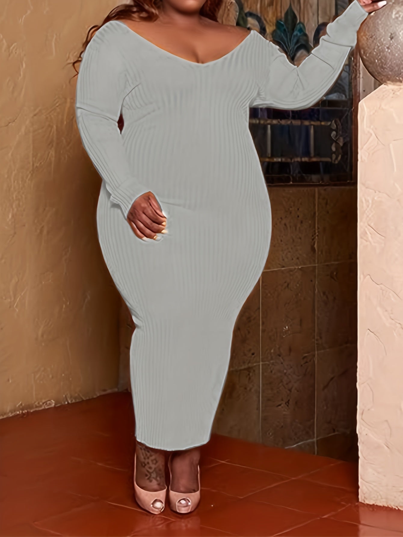 V Neck Ribbed Knit Bodycon Sweater Dress