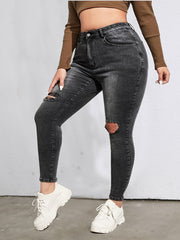 Solid Washed Ripped Button Up Skinny Jeans Plus Size