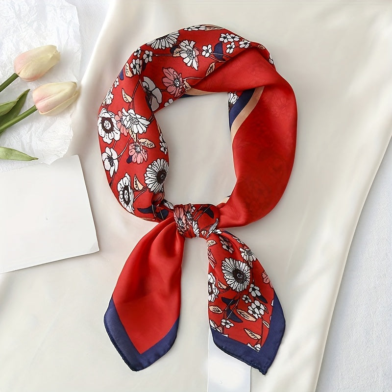 Floral Print Square Scarf Block Satin Neckerchief Casual Bandana