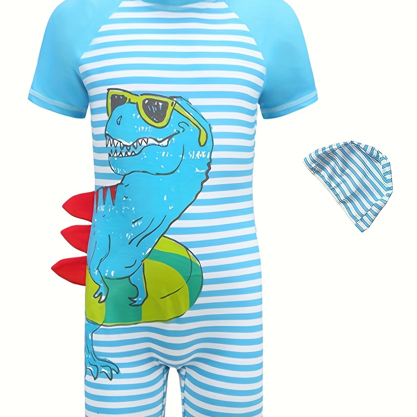Boys Dino Stripe Swimsuit & Cap for Beach Summer Vacay