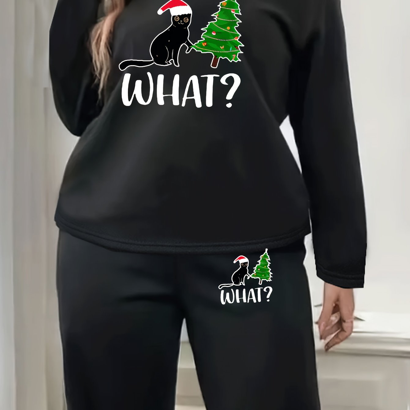 Christmas Lounge Set Women's Plus Christmas Tree & Funny Cat Print Lon