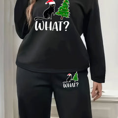 Christmas Lounge Set Women's Plus Christmas Tree & Funny Cat Print Lon