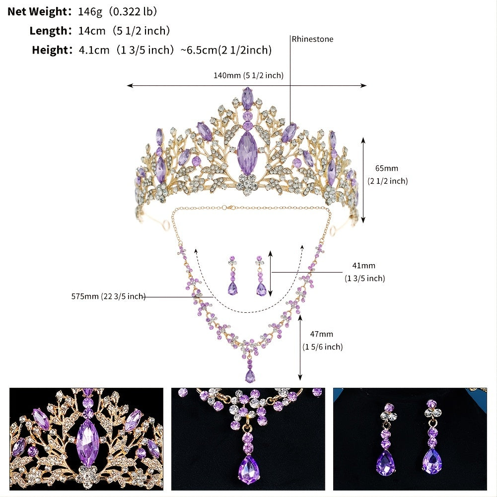 3PCS Wedding Jewelry Set Necklace Earrings Crown