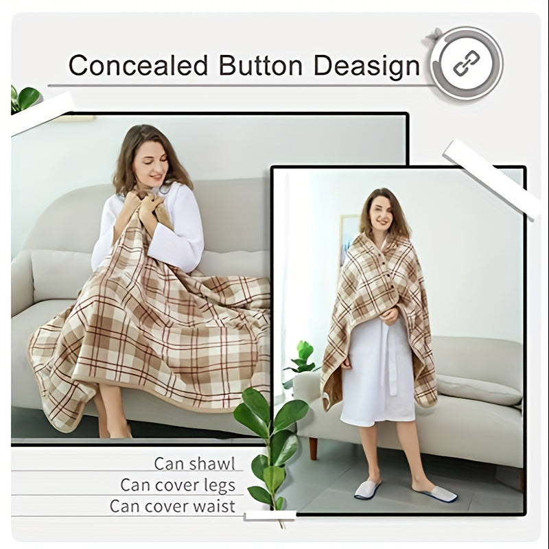 Multifunctional Shawl Blanket, Plaid Pattern Polar Fleece Wearable Blanket