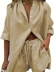 Casual Drop Shoulder Blouse & Drawstring Shorts Set for Women