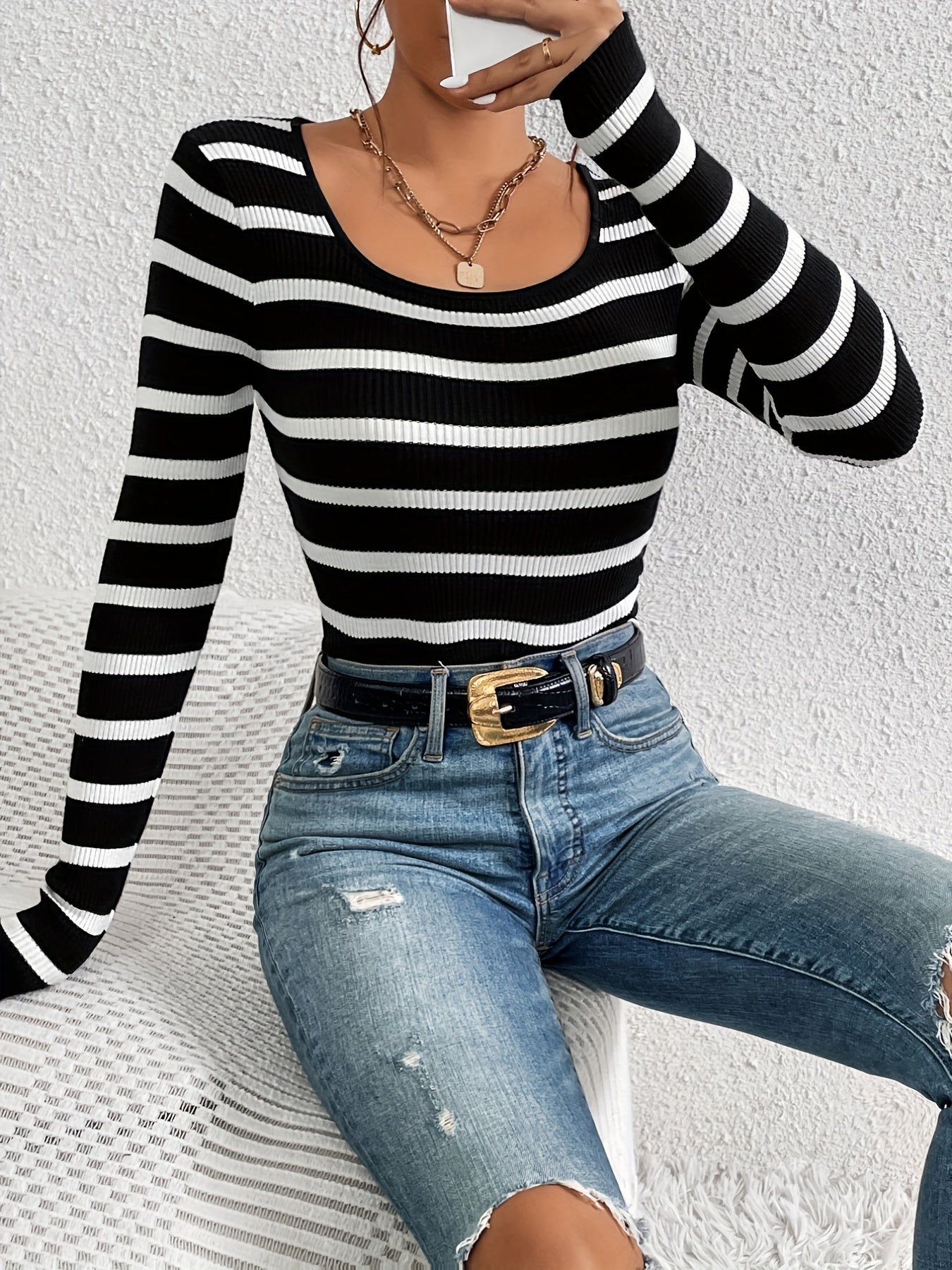 Striped Print Knit Sweater Slim Crew Neck Long Sleeve