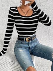 Striped Print Knit Sweater Slim Crew Neck Long Sleeve