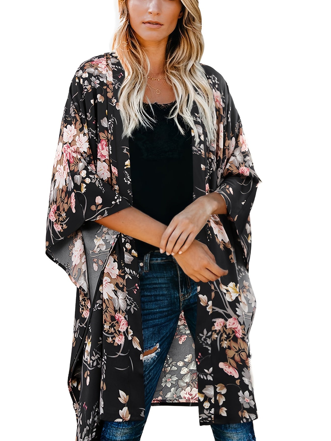 Floral Print Loose Cover Up Cardigan Kimono Sleeve