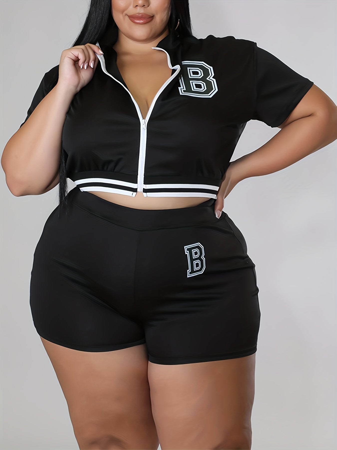 Women's Plus Letter Print Crop Top & Shorts Set